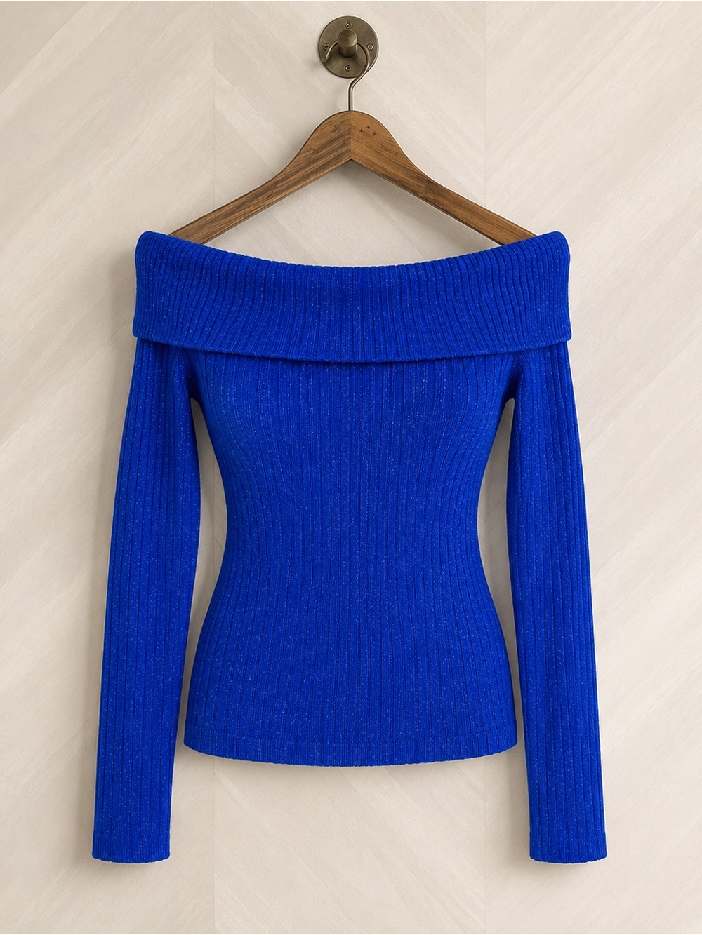 United‎ States Sweaters Royal Blue Metallic Ribbed Off Shoulder Cowl Top Size L